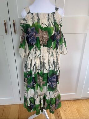 Floral Tiered Off-Shoulder Dress in Cream and Green